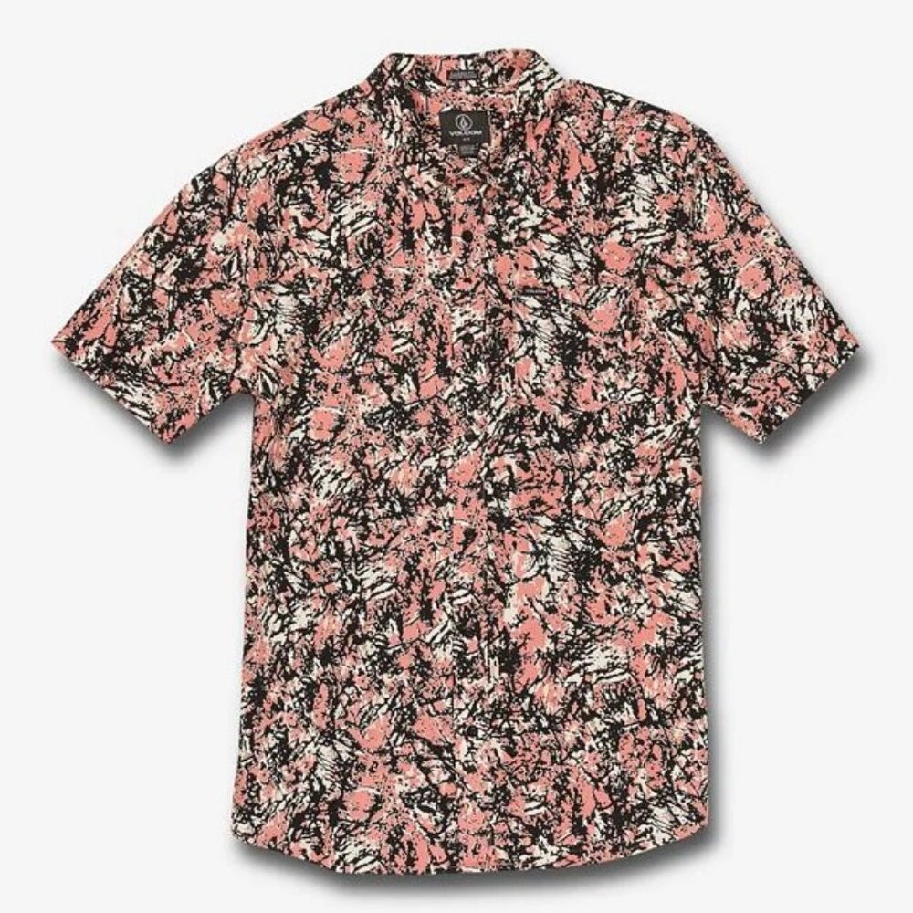 Volcom Trick Bag S/S Button Up Shirt Mens Size Large Pink/Black/Cream